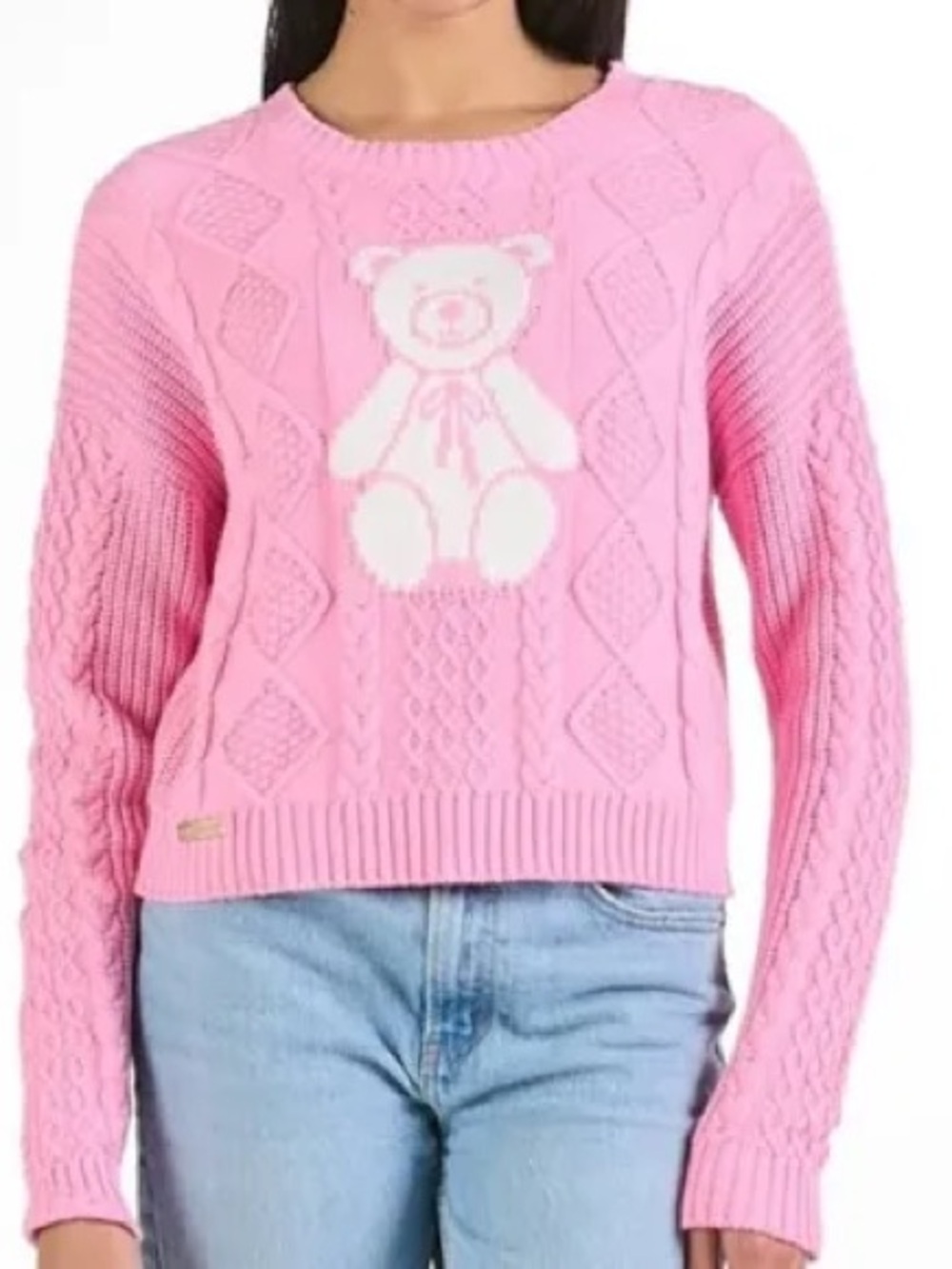 Simply Southern Pink Cable-Knit Teddy Crewneck Sweater size L
